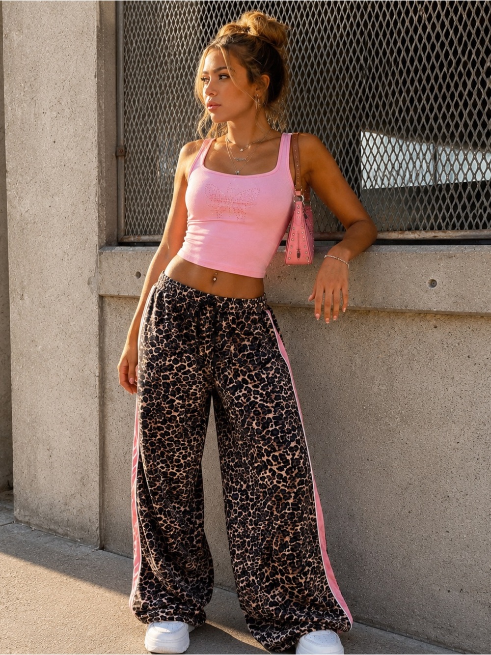 Kimberly C Leopard Velour Wide-Leg Track Pants Large Y2K Pink Stripe
